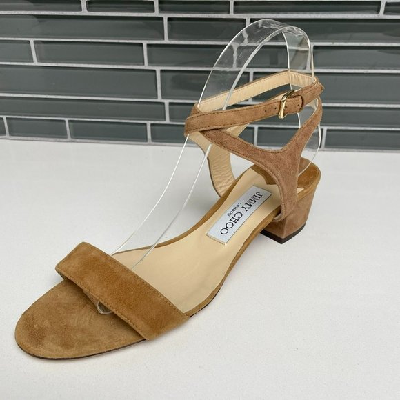 JIMMY CHOO Marine 35 Brown Suede Strappy Ankle Strap Block Heel 